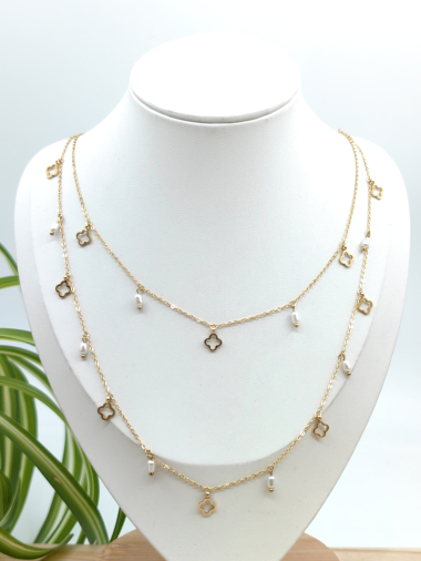 Großhändler Glam Chic - Doppelte Halskette mit Kleeblatt und Perle aus Edelstahl