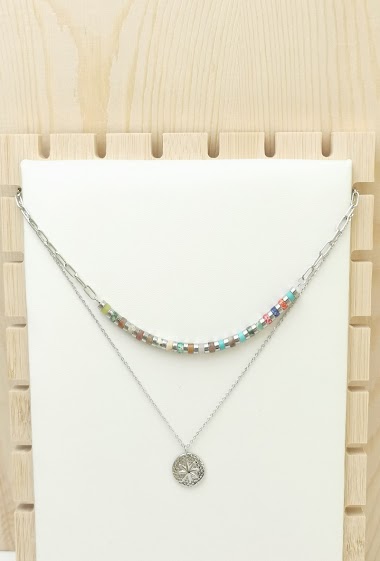 Wholesaler Glam Chic - Double chain necklace with star medal and multicolored stone in stainless steel