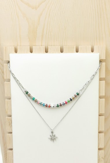 Wholesaler Glam Chic - Double chain necklace with star and multicolored stone in stainless steel