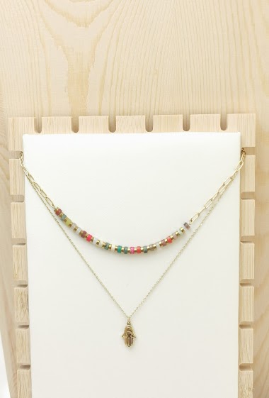 Mayorista Glam Chic - Double chain necklace with hand of Fatma and multicolored stone in stainless steel