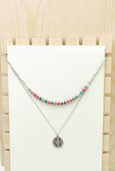 Wholesaler Glam Chic - Double chain necklace with eye and multicolored stone in stainless steel