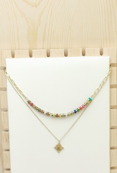 Wholesaler Glam Chic - Double chain necklace with eye and multicolored stone in stainless steel