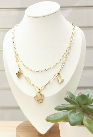 Wholesaler Glam Chic - Double chain necklace with butterfly and clovers in stainless steel