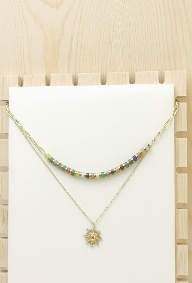 Wholesaler Glam Chic - Double chain necklace with sun and multicolored stone in stainless steel