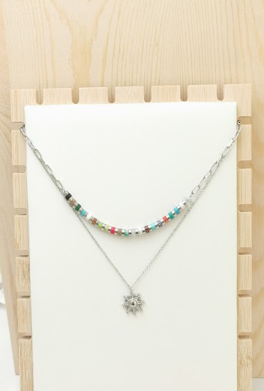 Wholesaler Glam Chic - Double chain necklace with sun and multicolored stone in stainless steel