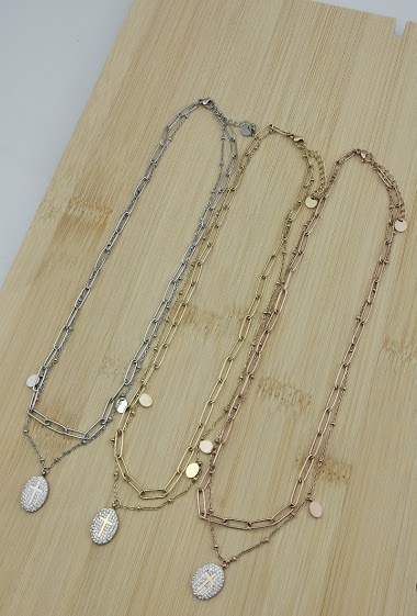 Wholesaler Glam Chic - Double row necklace with cross and rhinestones in stainless steel