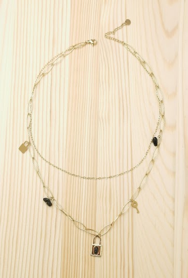 Grossiste Glam Chic - Collier double rang cadenas avec pierre en acier inoxydable