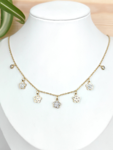 Wholesaler Glam Chic - Flower necklace with rhinestones in stainless steel