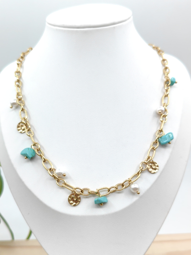 Großhändler Glam Chic - Große Halskette mit Stein und Perle aus Edelstahl
