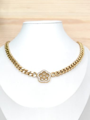 Wholesaler Glam Chic - Large flower chain necklace with rhinestones in stainless steel