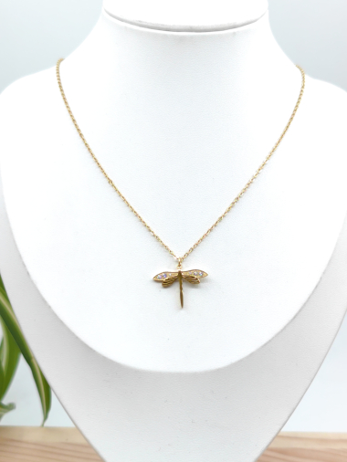 Wholesaler Glam Chic - Dragonfly necklace with rhinestones in stainless steel