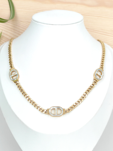 Wholesaler Glam Chic - Oval mother-of-pearl mesh necklace in stainless steel