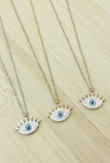 Wholesaler Glam Chic - Eye necklace with eyelashes and rhinestones in stainless steel