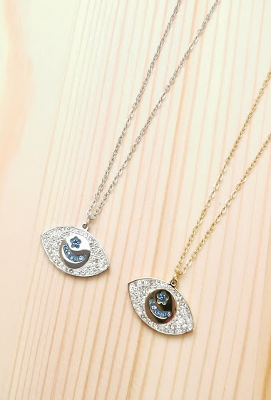Wholesaler Glam Chic - Eye necklace with rhinestones in stainless steel