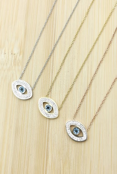 Wholesaler Glam Chic - Eye necklace with stainless steel rhinestones