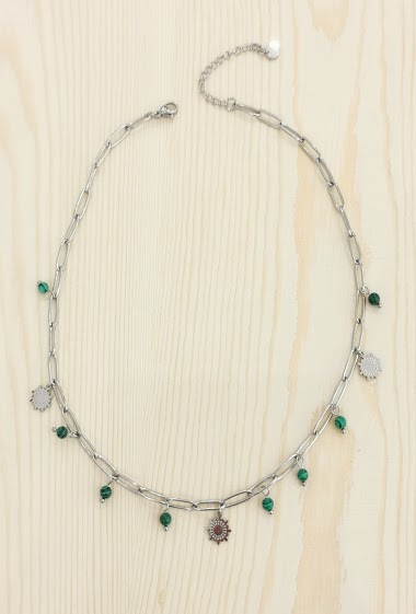 Wholesaler Glam Chic - Rudder Bar and Green Stone Tassel Necklace in Stainless Steel