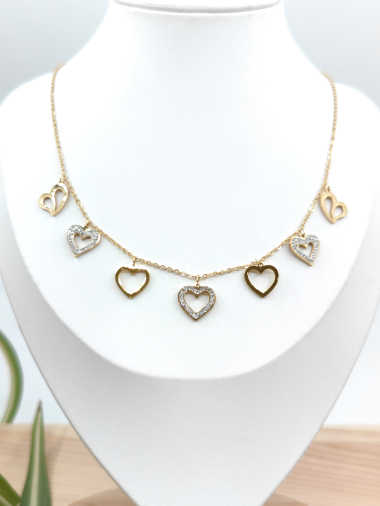 Wholesaler Glam Chic - Heart pendant necklace with rhinestones in stainless steel