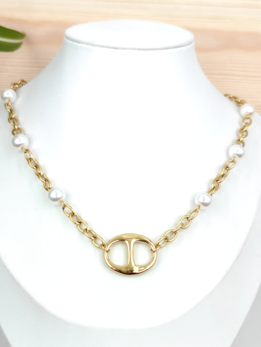Grossiste Glam Chic - Collier perle avec ovale en acier inoxydable