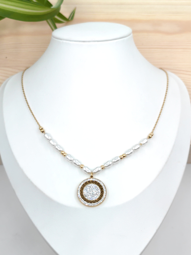 Grossiste Glam Chic - Collier perle avec rond strass en acier inoxydable