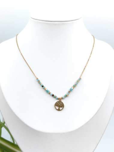 Großhändler Glam Chic - Farbige Perlenkette mit Lebensbaum aus Edelstahl