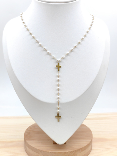 Grossiste Glam Chic - Collier perle croix en acier inoxydable