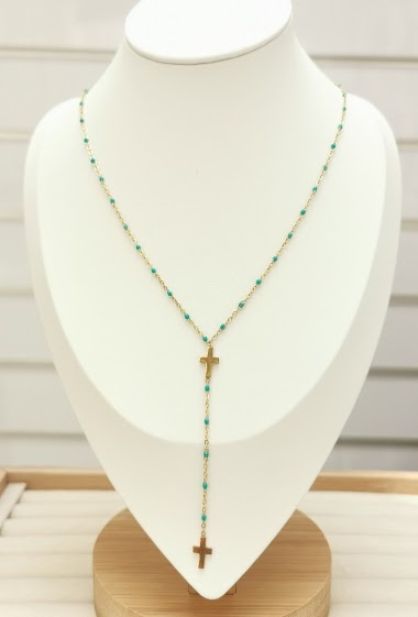 Grossistes Glam Chic - Collier perle de couleur avec croix pendant en acier inoxydable