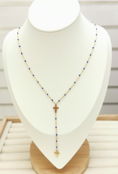 Großhändler Glam Chic - Farbige Perlenkette mit Kreuzanhänger aus Edelstahl