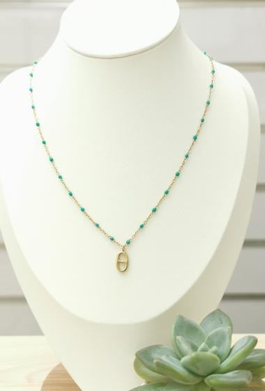 Großhändler Glam Chic - Farbige Perlenkette mit Edelstahl-Oval