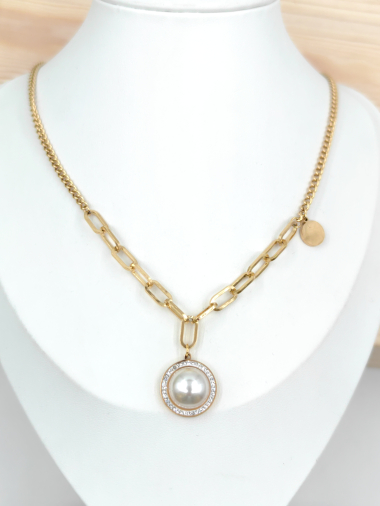 Grossiste Glam Chic - Collier perle rond avec strass en acier inoxydable