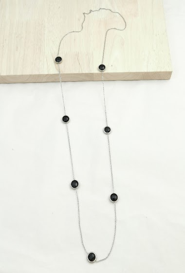 Wholesaler Glam Chic - Long necklace with black crystal stone in stainless steel