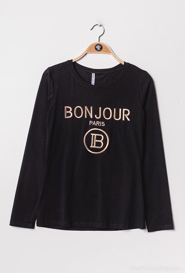 Wholesaler Golden Live - T-shirt with embroidery BONJOUR PARIS