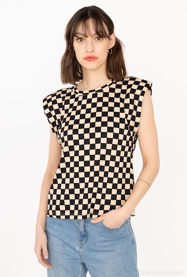Checkered sleeveless top with shoulder pads