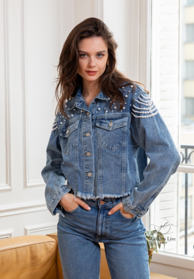 Denim jacket best sale with pearl detail