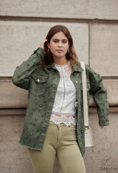 Großhändler Golden Live - Jeansjacke mit Blumen-Strasssteinen