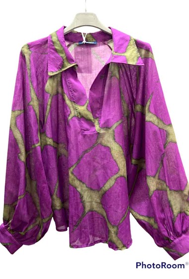 Wholesaler Graciela Paris - Loose-fit blouse in printed cotton. V-neck. puffed sleeves