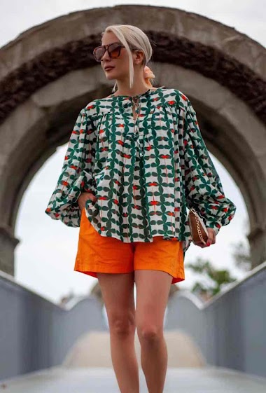 Großhändler Graciela Paris - Loose printed cotton blouse. puff sleeve