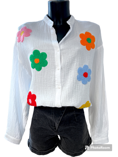 Großhändler Graciela Paris - Bluse aus Baumwollgaze, mit mehrfarbigem Frottee bestickte Blumen