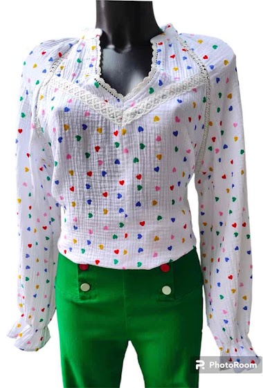 Wholesaler Graciela Paris - Cotton gauze blouse printed with small multi-colored hearts