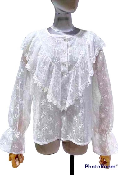 Wholesaler Graciela Paris - Flower pattern cotton canvas blouse with ruffles and lace at the bust