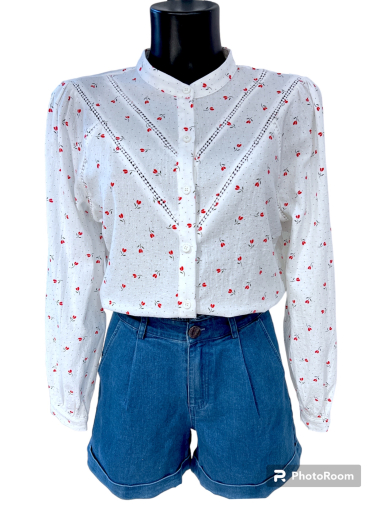 Mayorista Graciela Paris - camisa de lino de algodón con lunares bordados multicolores