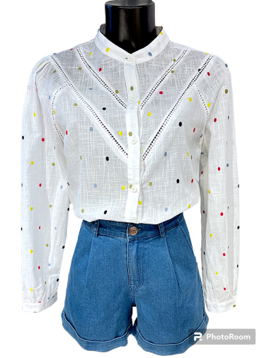 Grossiste Graciela Paris - chemise en coton lin avec des petits pois brodés multicolores