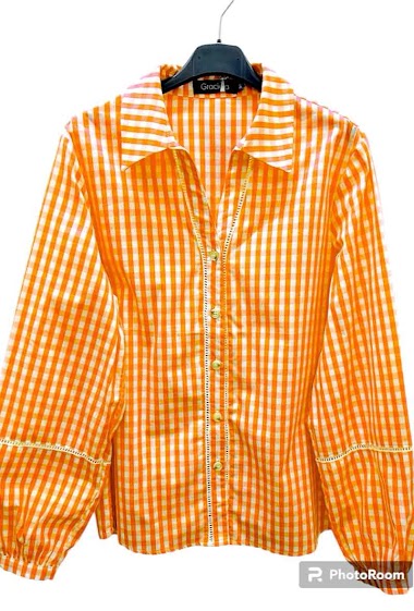 Mayorista Graciela Paris - Gingham pattern cotton shirt. wide tightened sleeves with lace finish