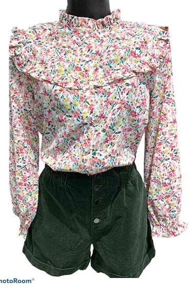 Wholesaler Graciela Paris - Printed shirt with ruffle collar. pleated finishes on the shoulders and bust