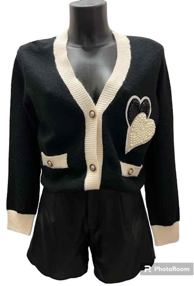 Wholesaler Graciela Paris - Two-tone cardigan embellished with 2 beaded hearts