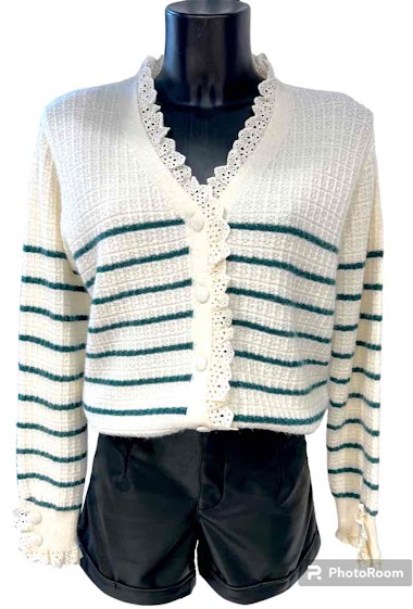 Wholesaler Graciela Paris - Short striped cardigan. cotton lace finish on the collar and handles