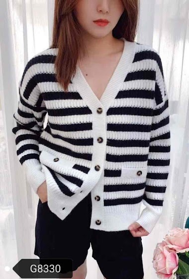 Mayorista Graciela Paris - Short striped cardigan. openwork knit with small sequins