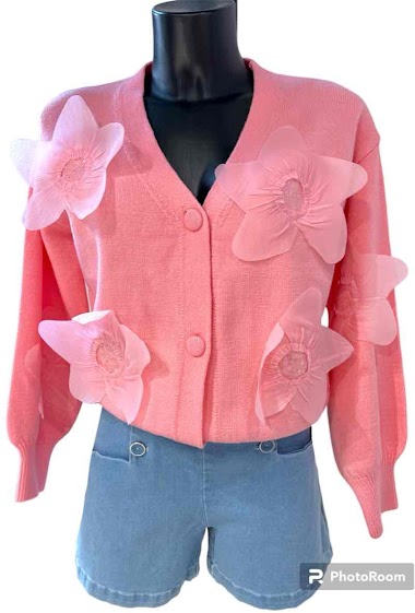 Wholesaler Graciela Paris - Short soft knit cardigan with large organza and sequin flowers