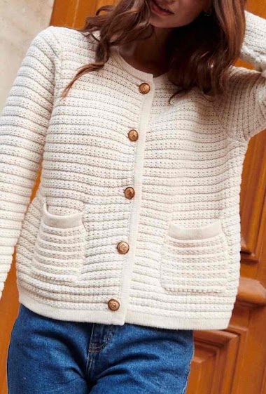 Wholesaler Graciela Paris - Cotton knit cardigan. round neck. gold buttons and 2 front patch pockets