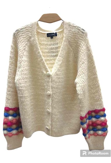 Mayorista Graciela Paris - Soft Mid-length cardigan. puffed sleeves in multicolored openwork knit