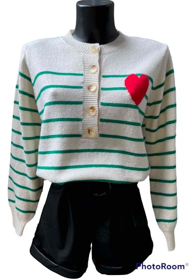 Großhändler Graciela Paris - Sweater with thin stripes and a big heart. round neck with buttoned opening